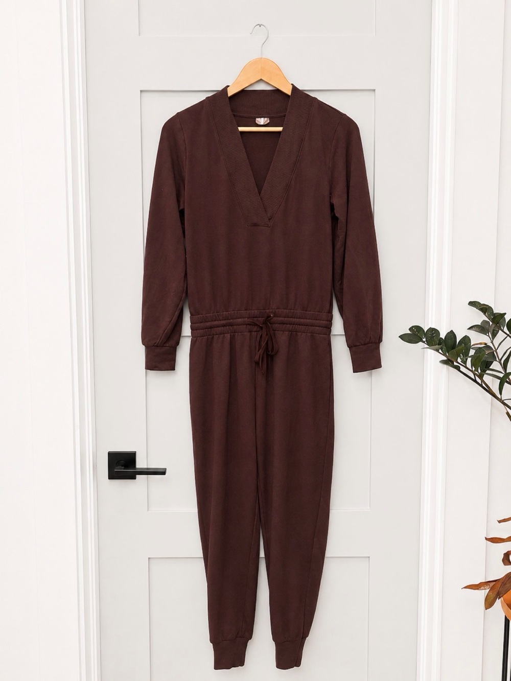 Calia Women's Brown Long-Sleeve V-Neck Jumpsuit with Drawstring Waist